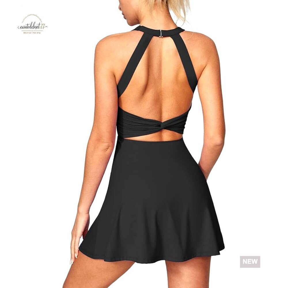Women's Tennis Dress with Built-in Shorts, Pockets, Adjustable Straps